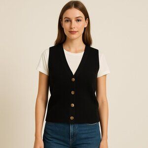 Classic Black Knit Tank Cardigan Philosophy Button Front Sweater Vest Coastal